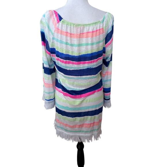 Lilly Pulitzer Striped Tassel Hem Bell Sleeve Swim Cover-Up Linen Tunic Dress M - Picture 3 of 16